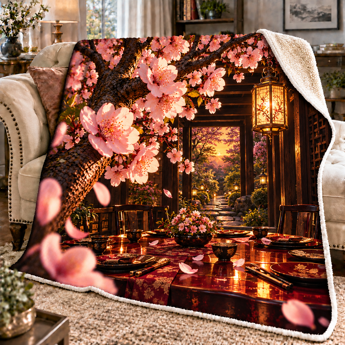 Sakura Amber Supper Sherpa & Fleece Blanket with printed optical 3D artwork in its use setting