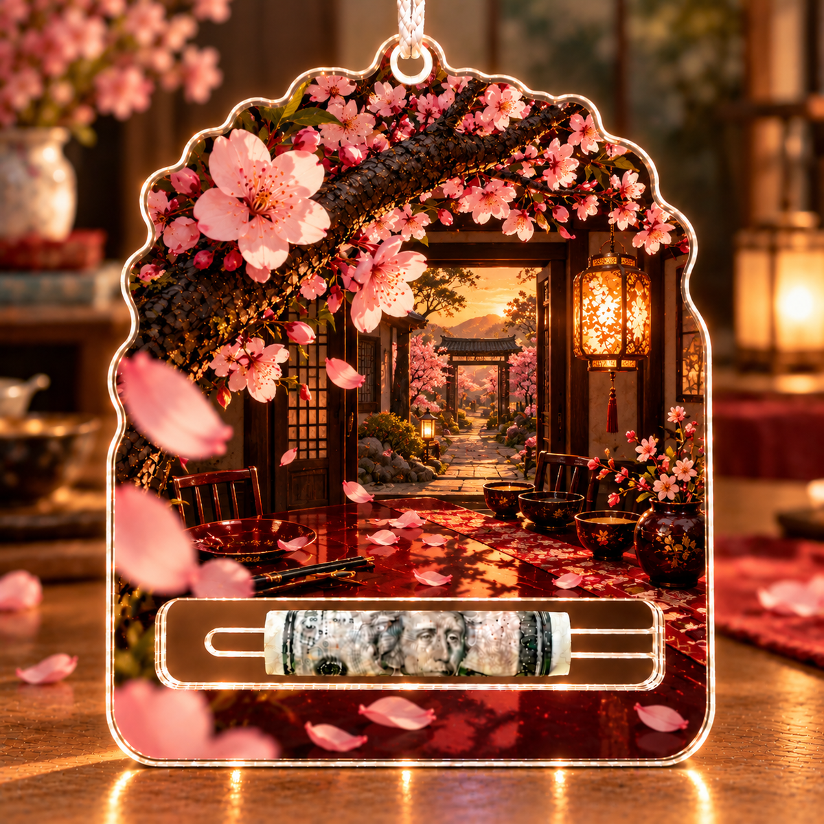 Sakura Amber Supper Acrylic Cash Holder Ornament with printed optical 3D artwork in its use setting