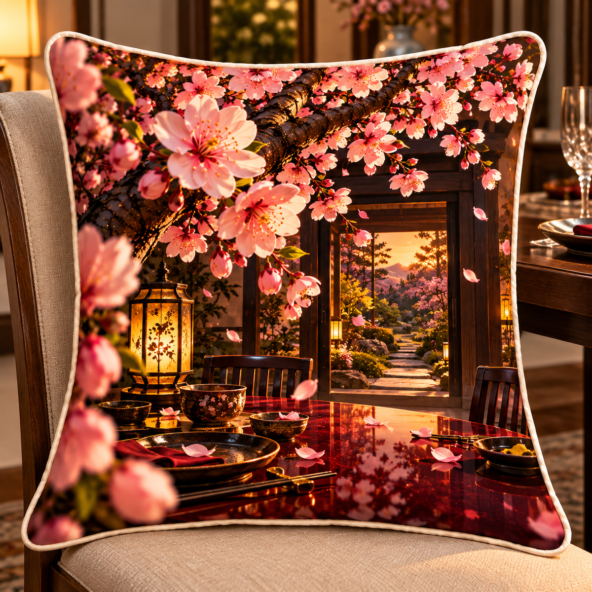 Sakura Amber Supper Quilted Cushion Cover with printed optical 3D artwork in its use setting