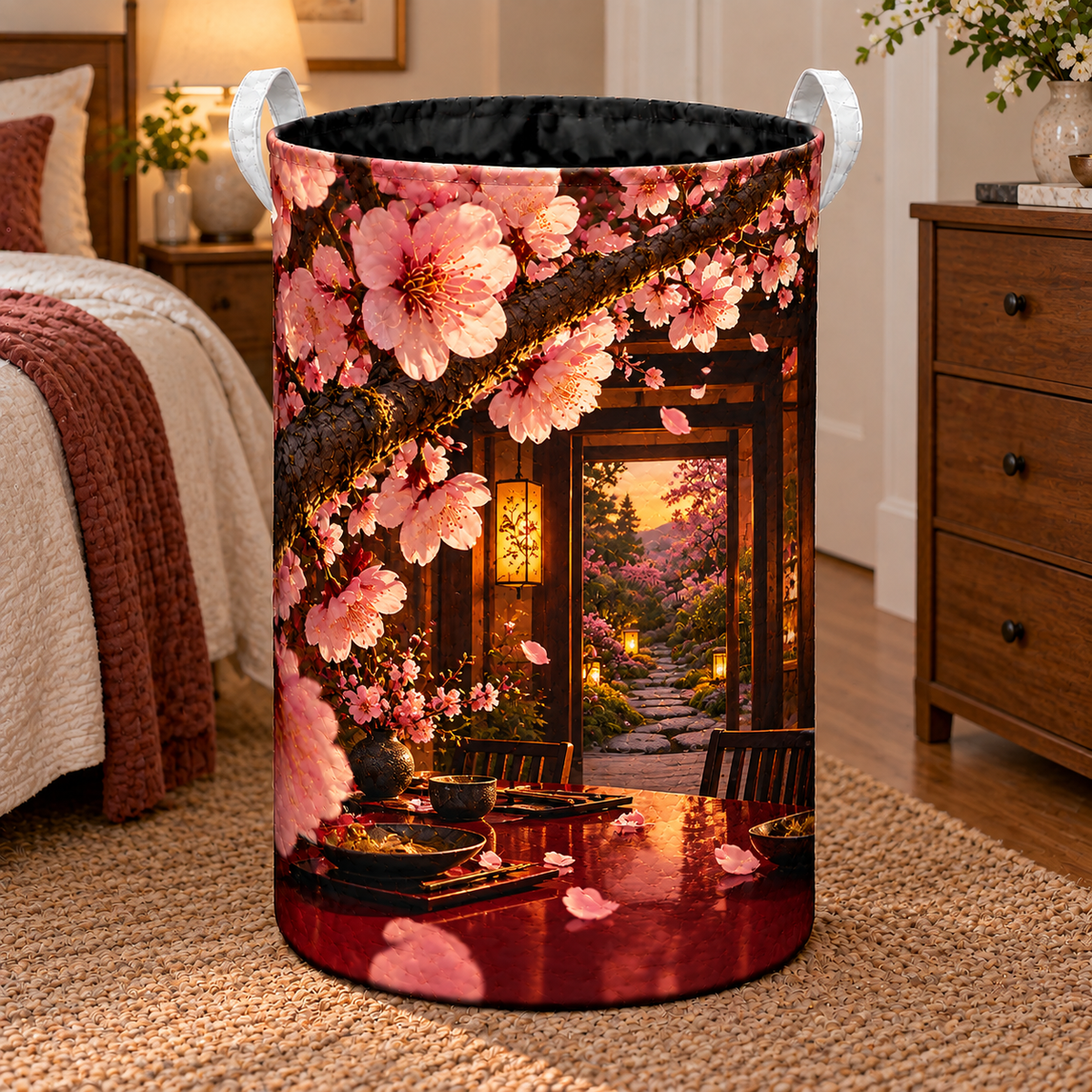 Sakura Amber Supper Laundry Hamper with printed optical 3D artwork in its use setting
