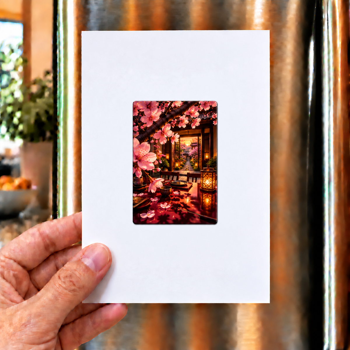 Sakura Amber Supper Acrylic Refrigerator Magnet with printed optical 3D artwork in its use setting