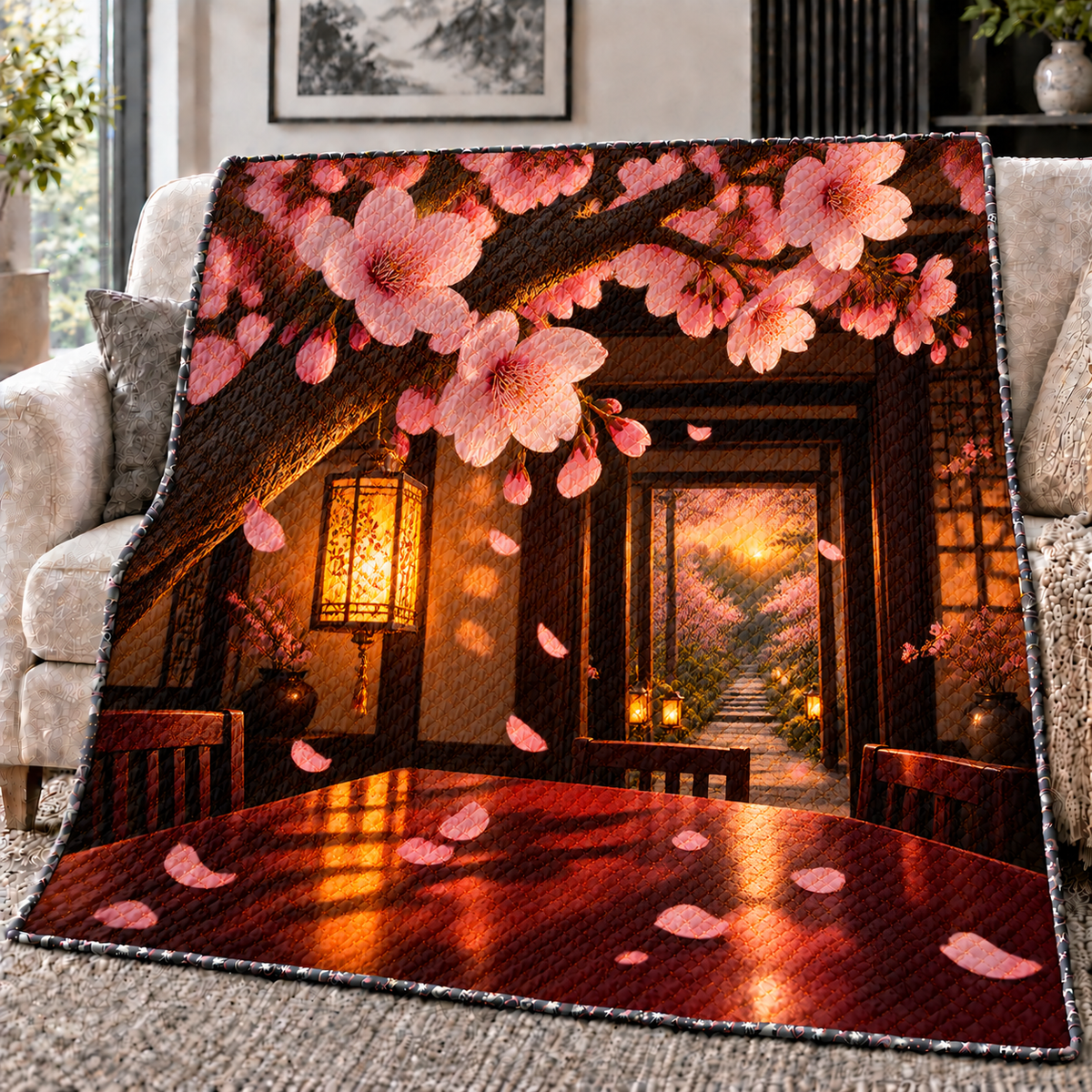 Sakura Amber Supper Quilt Blanket with printed optical 3D artwork in its use setting
