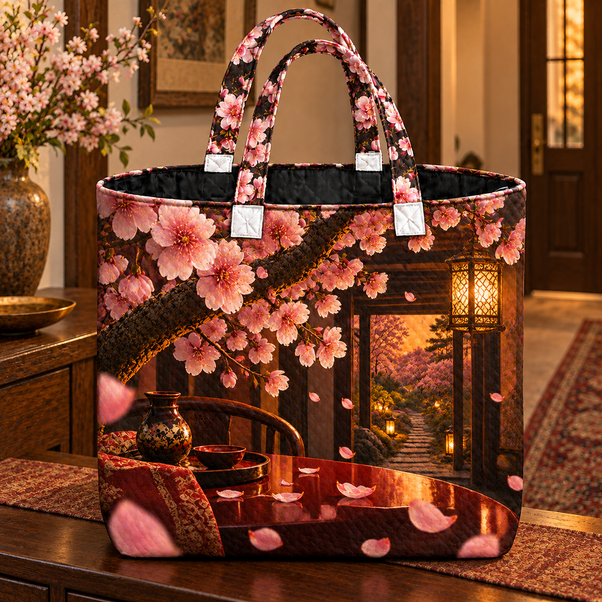 Sakura Amber Supper Quilted Tote Bag with printed optical 3D artwork in its use setting