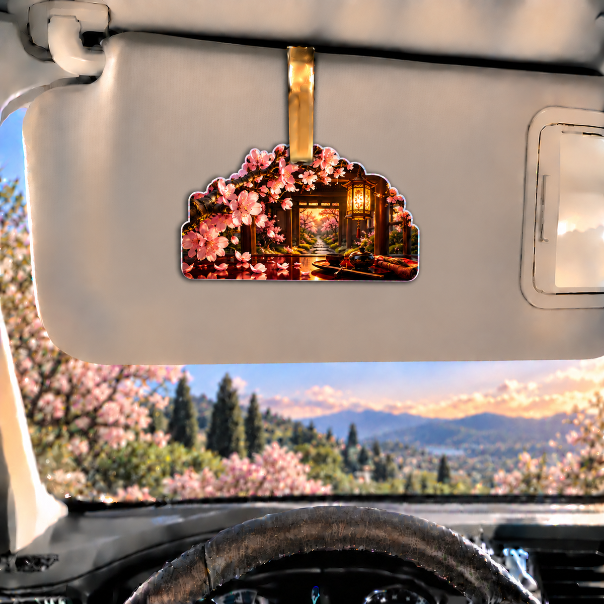 Sakura Amber Supper Holographic Car Visor Clip with printed optical 3D artwork in its use setting