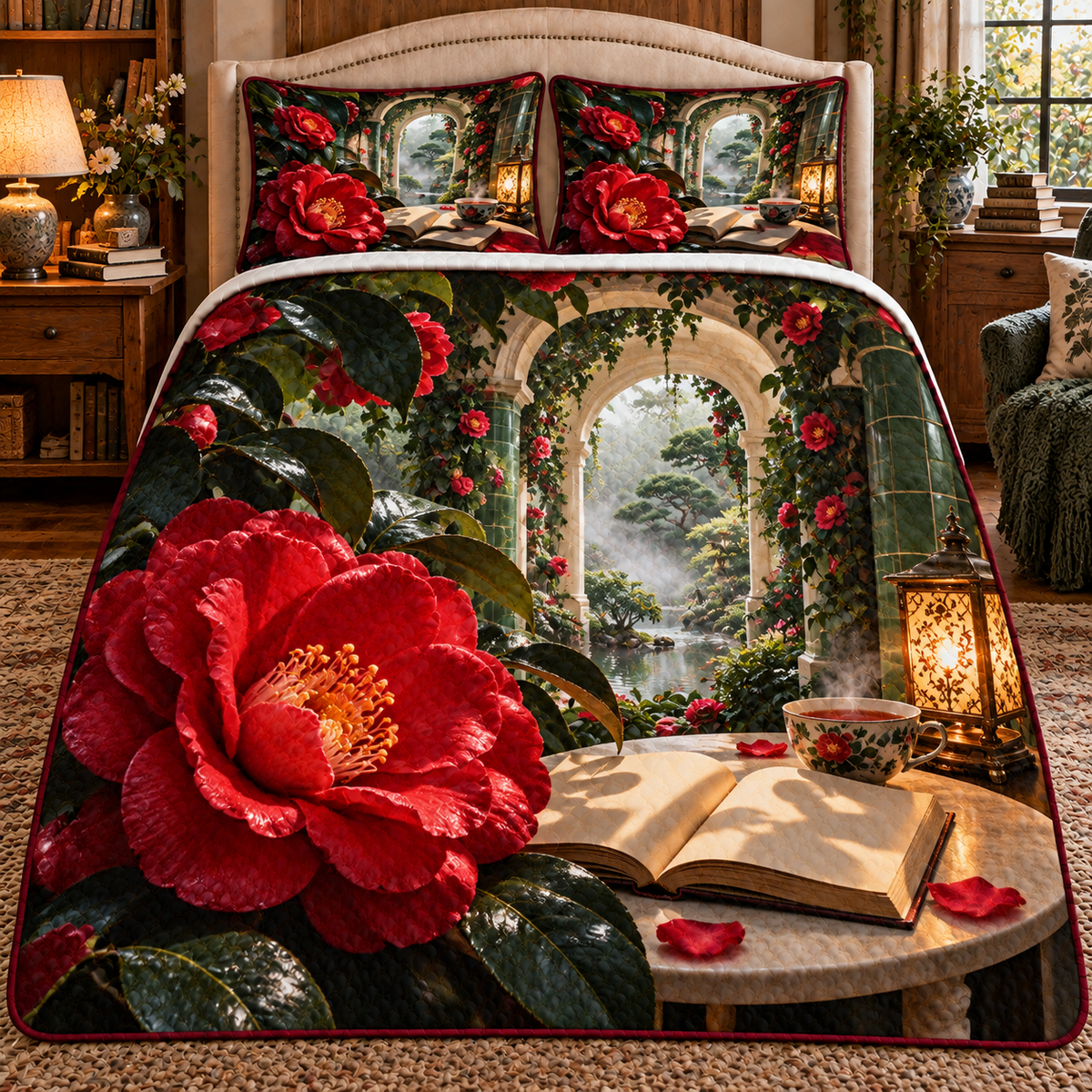 Camellia Tea Alcove Quilted Bedding Set with printed optical 3D artwork in its use setting