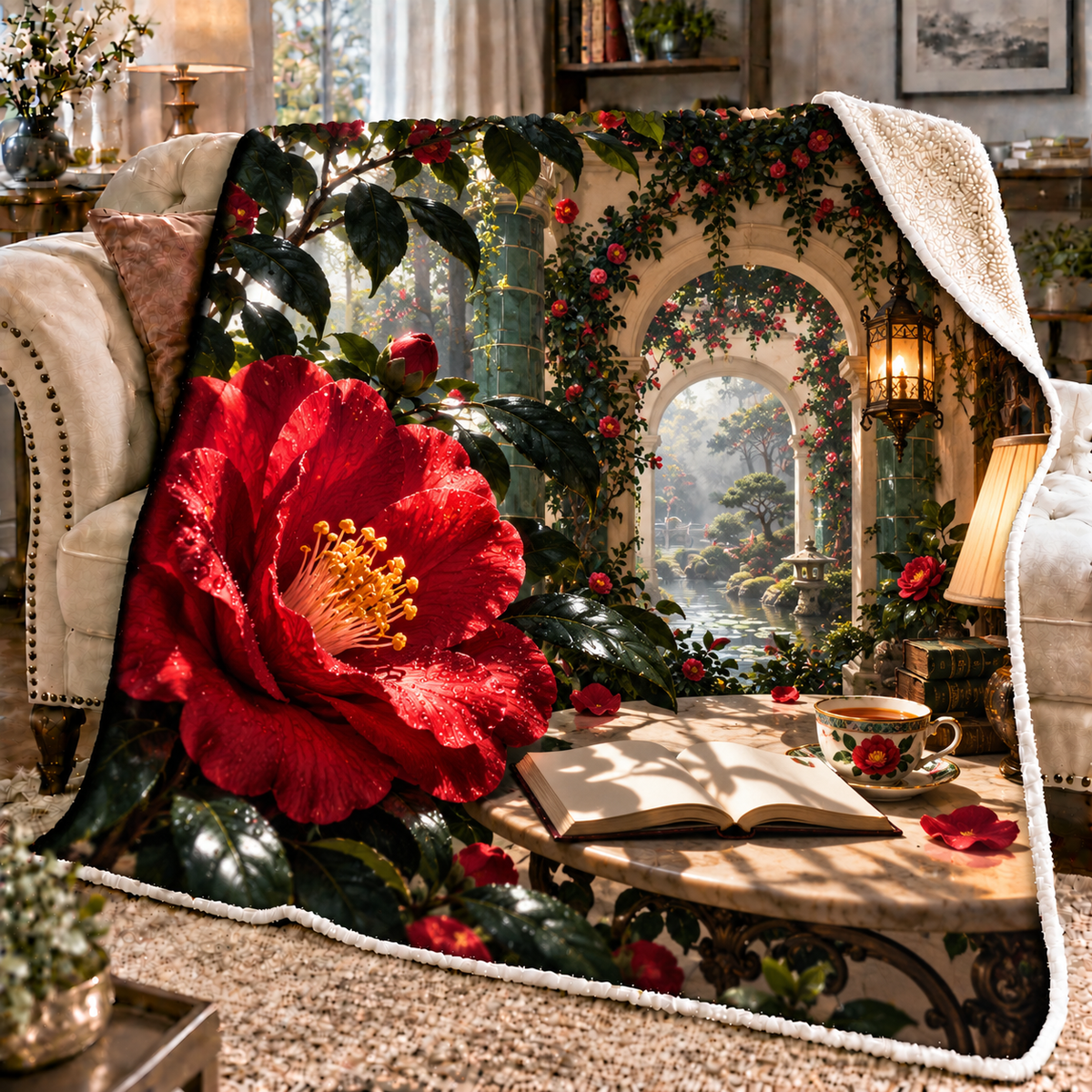 Camellia Tea Alcove Sherpa & Fleece Blanket with printed optical 3D artwork in its use setting