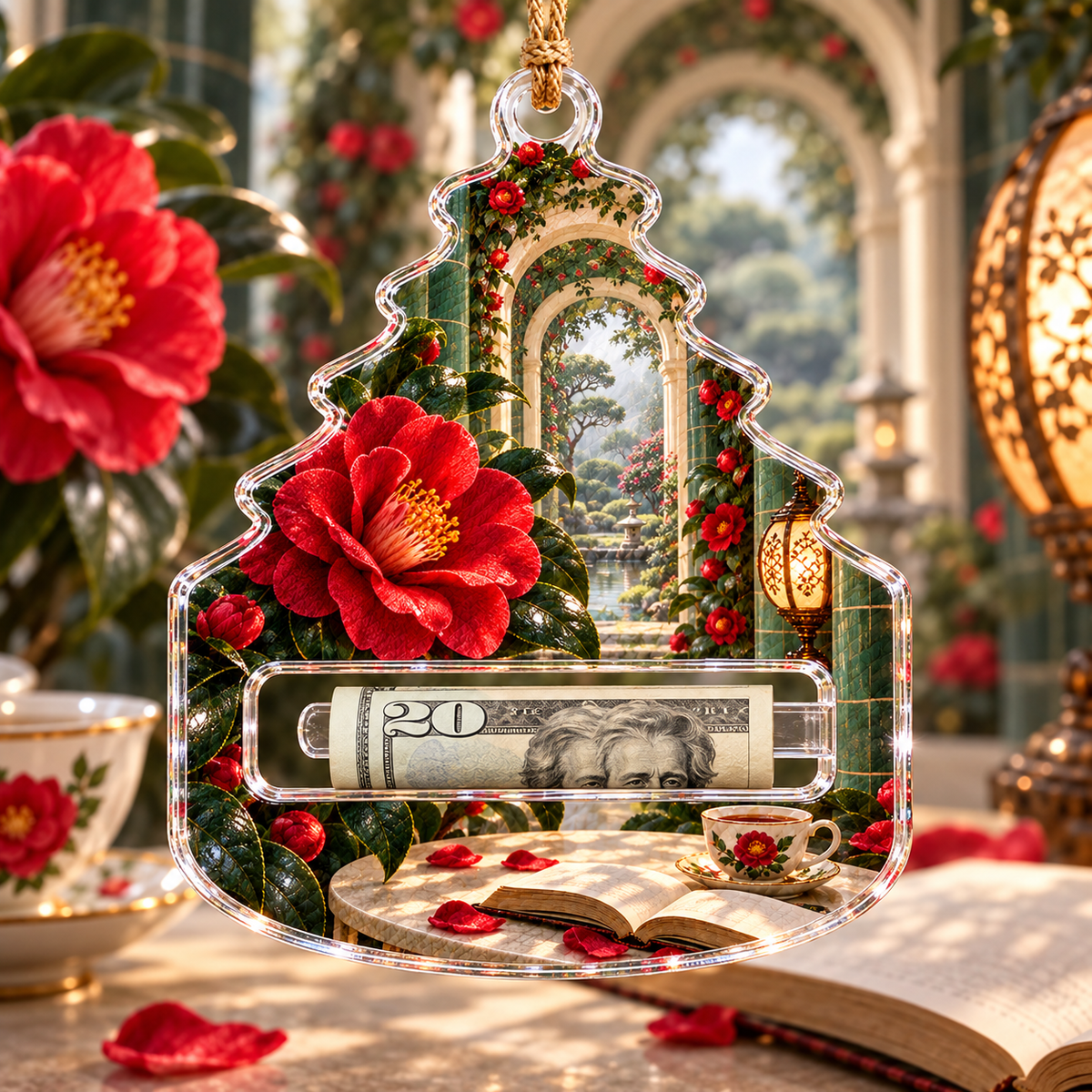 Camellia Tea Alcove Acrylic Cash Holder Ornament with a single-piece integral acrylic tongue and rolled styling banknote
