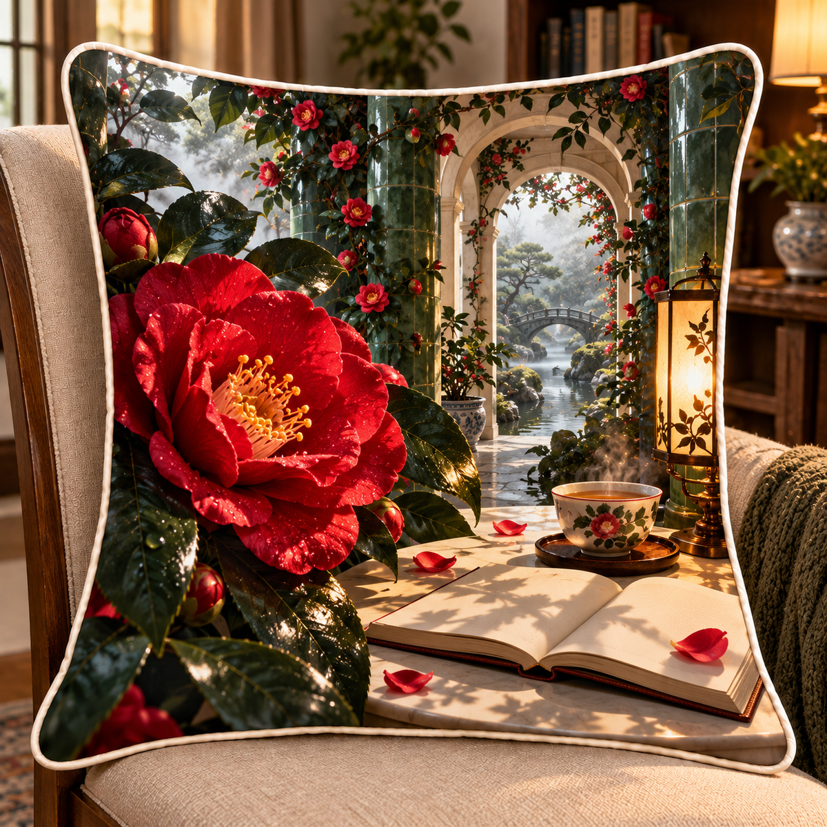Camellia Tea Alcove Quilted Cushion Cover with printed optical 3D artwork in its use setting