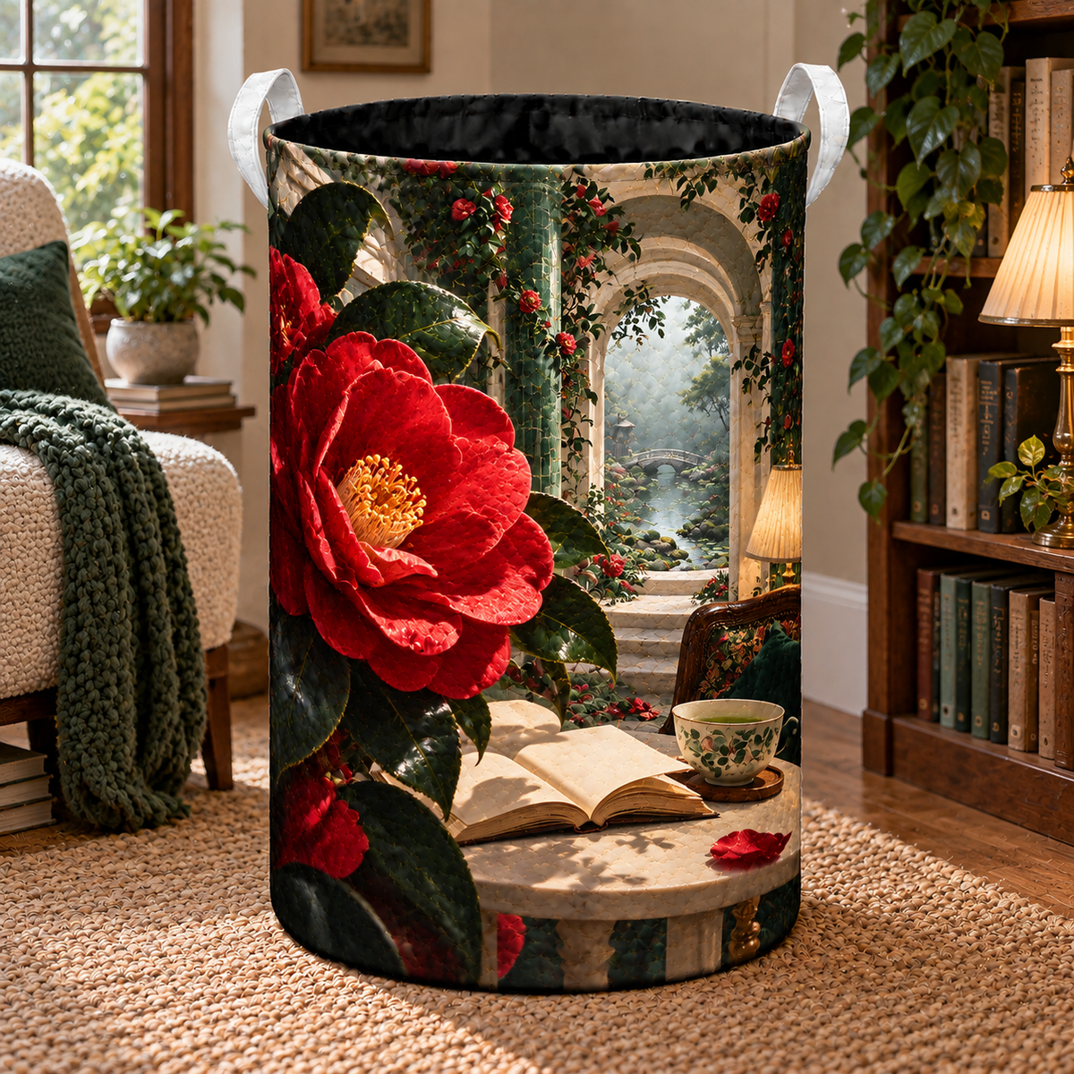 Camellia Tea Alcove Laundry Hamper with printed optical 3D artwork in its use setting