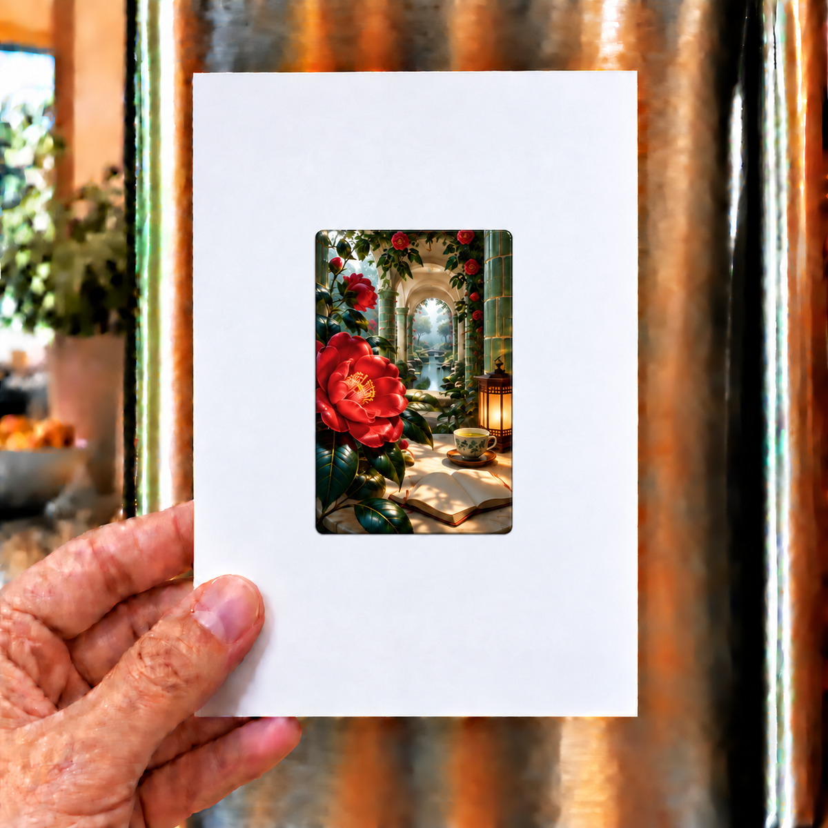 Camellia Tea Alcove Acrylic Refrigerator Magnet with printed optical 3D artwork in its use setting