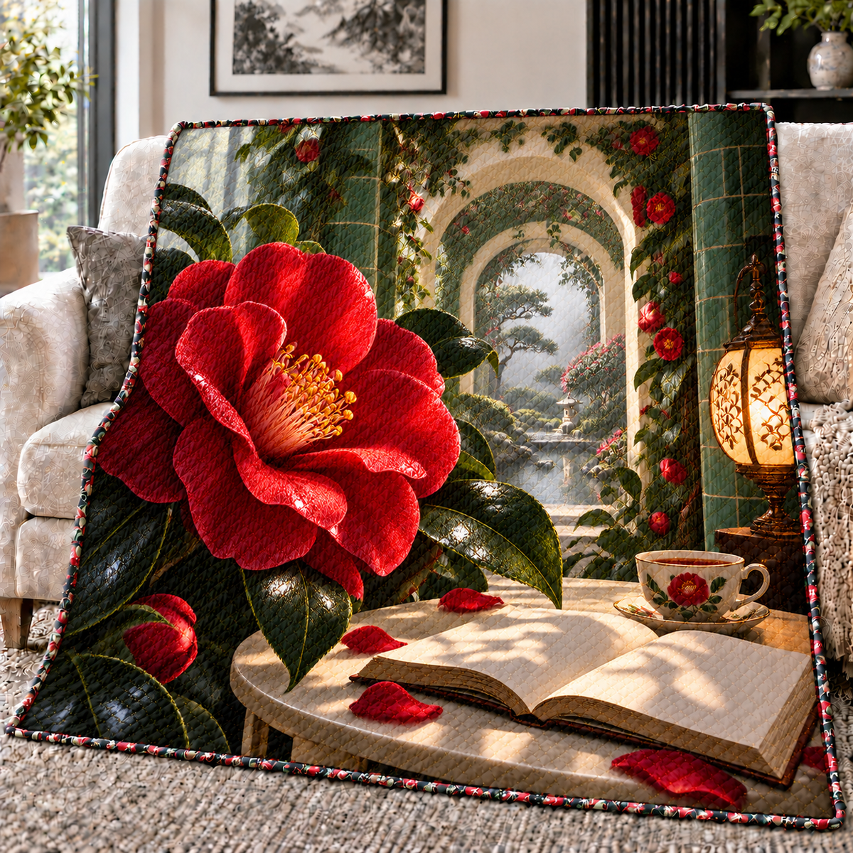 Camellia Tea Alcove Quilt Blanket with printed optical 3D artwork in its use setting