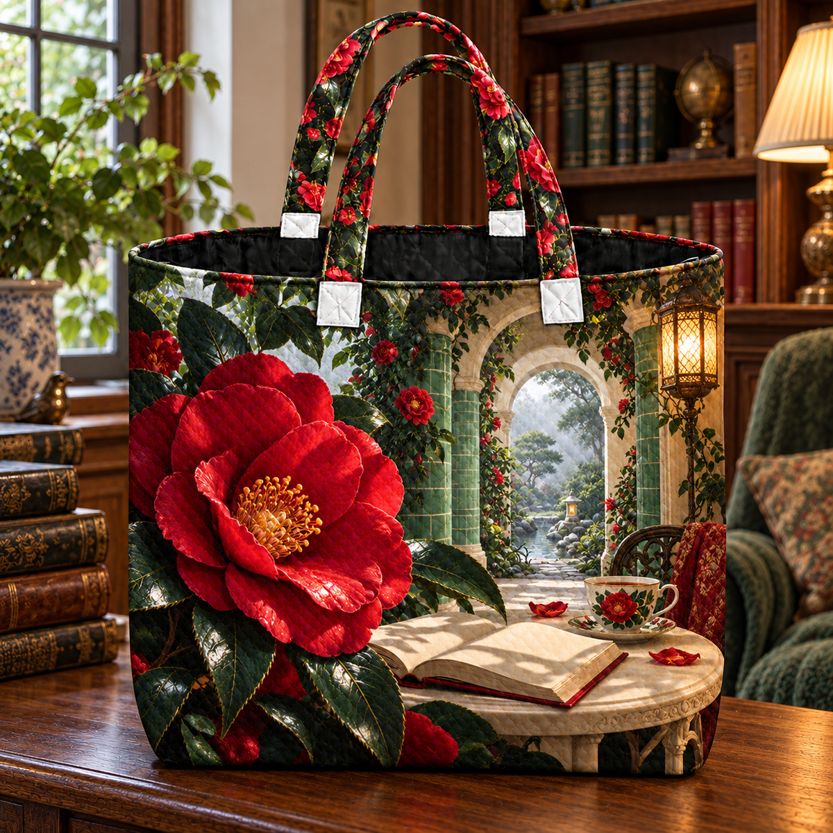 Camellia Tea Alcove Quilted Tote Bag with printed optical 3D artwork in its use setting