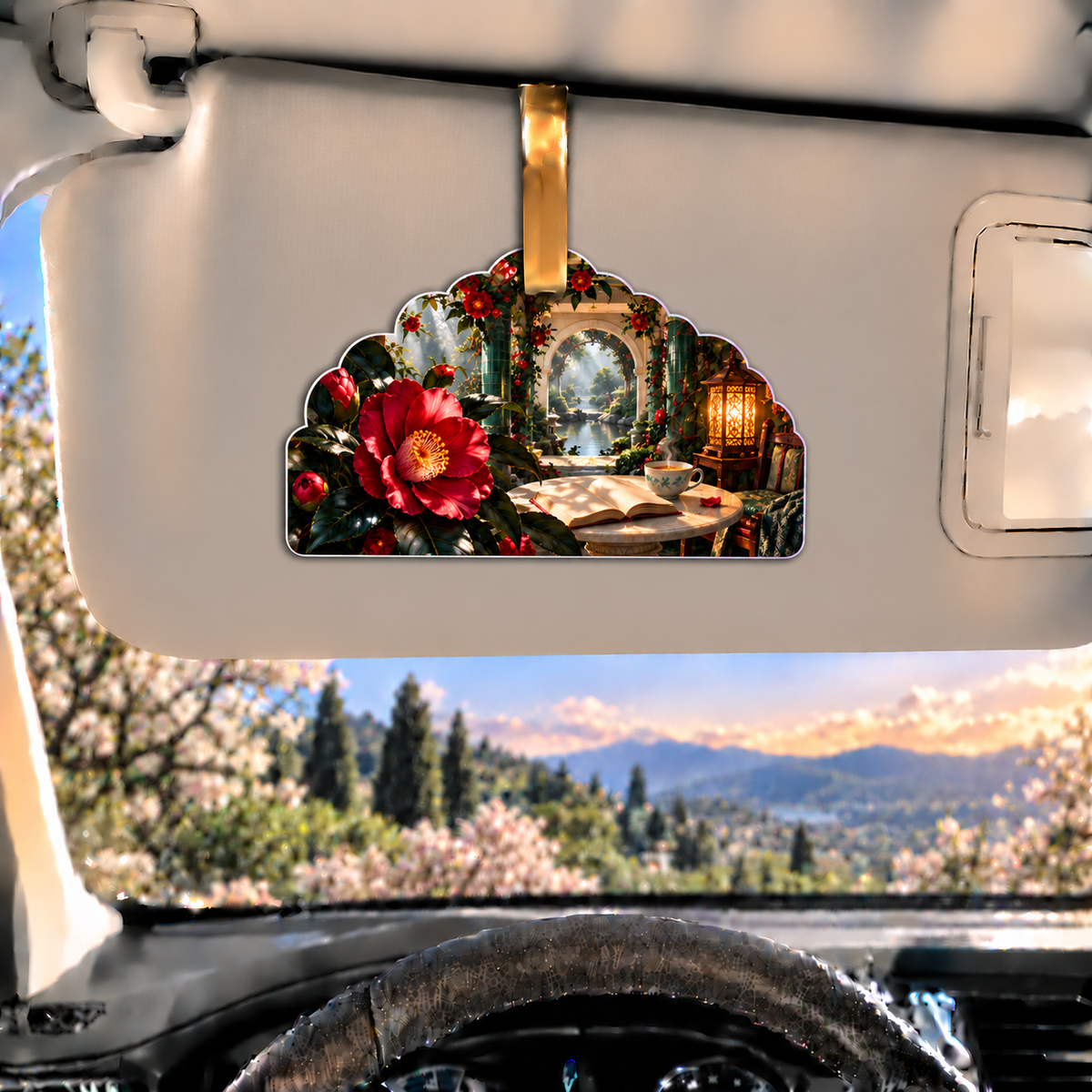 Camellia Tea Alcove Holographic Car Visor Clip with printed optical 3D artwork in its use setting