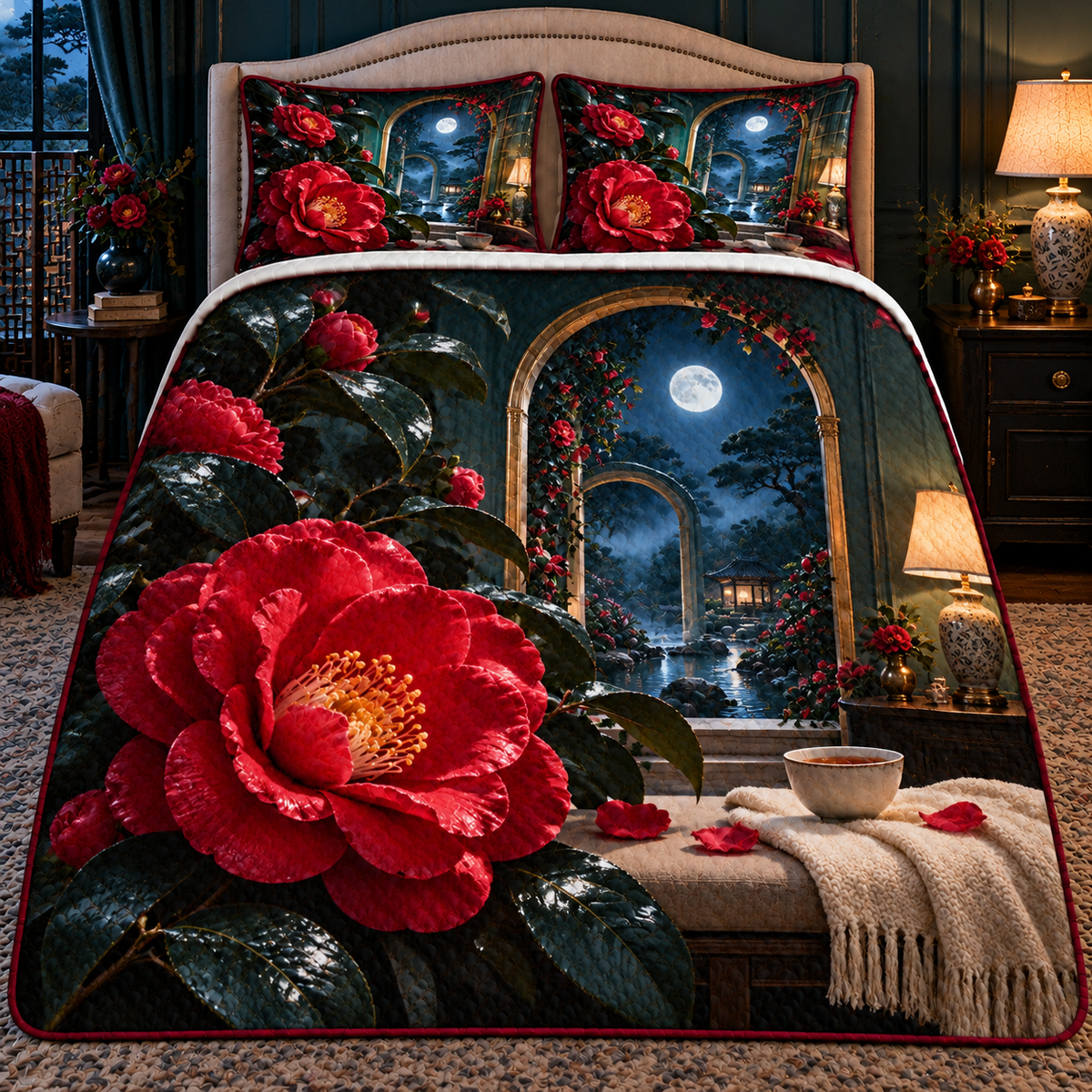Camellia Moonlit Bedroom Quilted Bedding Set with printed optical 3D artwork in its use setting