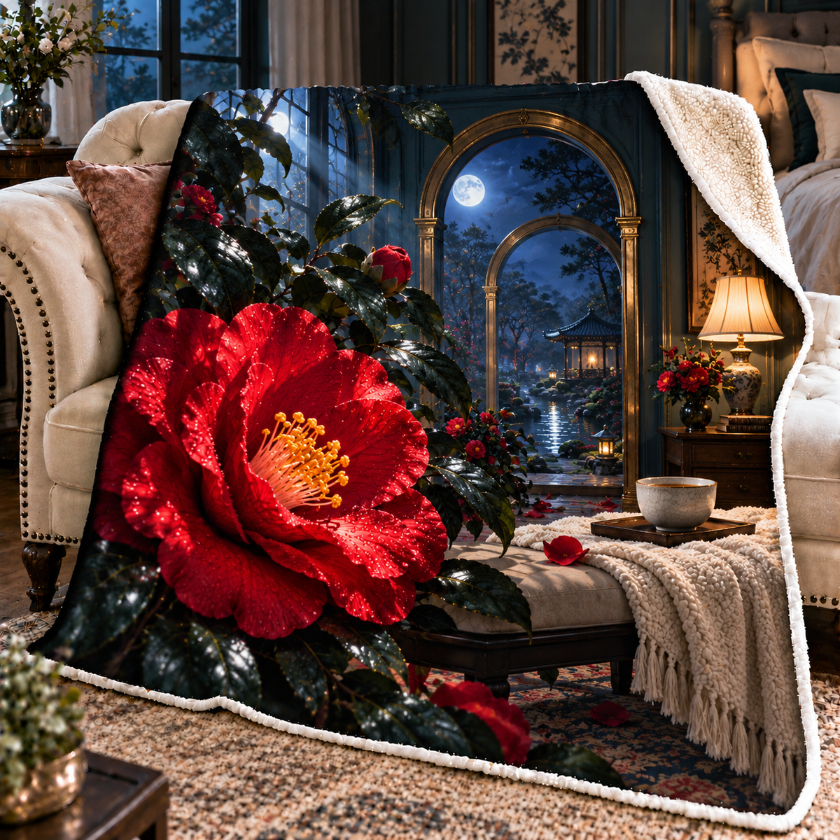 Camellia Moonlit Bedroom Sherpa & Fleece Blanket with printed optical 3D artwork in its use setting