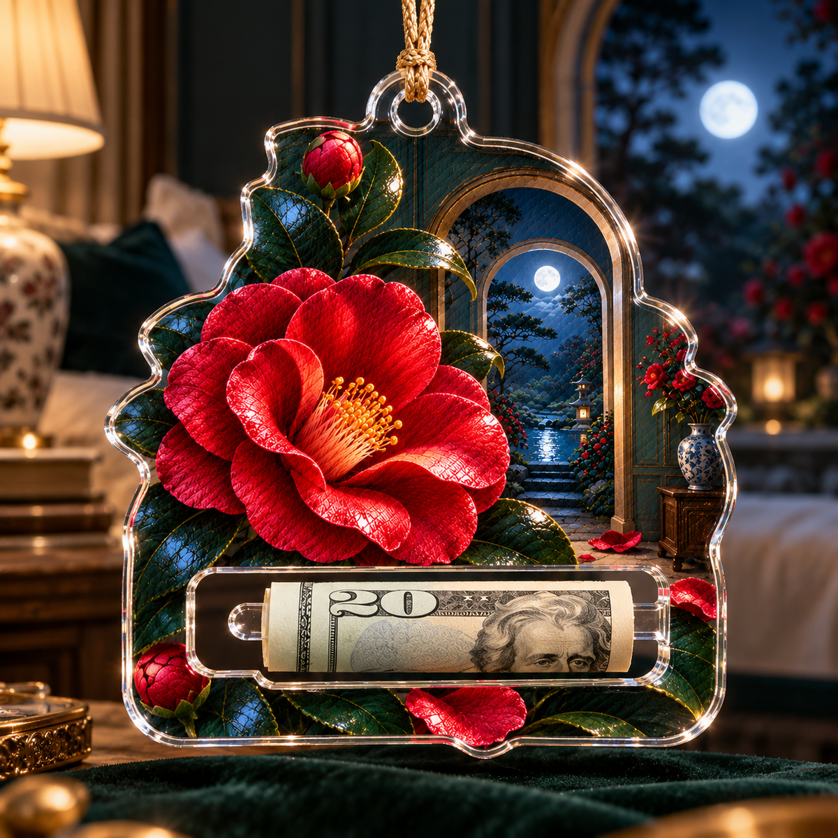 Camellia Moonlit Bedroom Acrylic Cash Holder Ornament with printed optical 3D artwork in its use setting