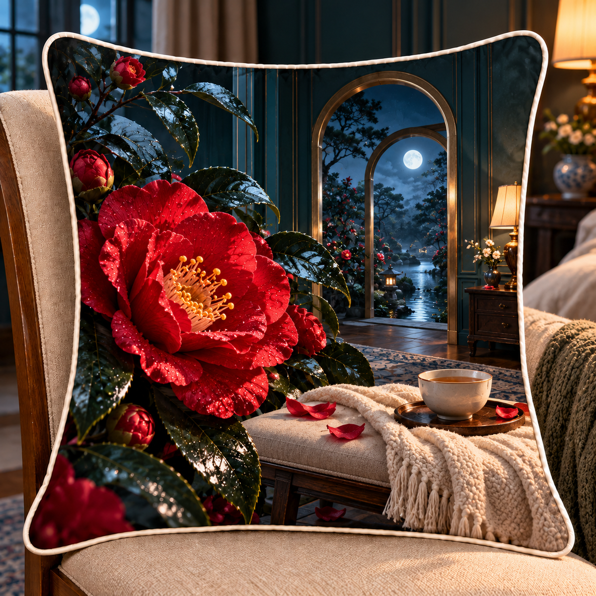 Camellia Moonlit Bedroom Quilted Cushion Cover with printed optical 3D artwork in its use setting
