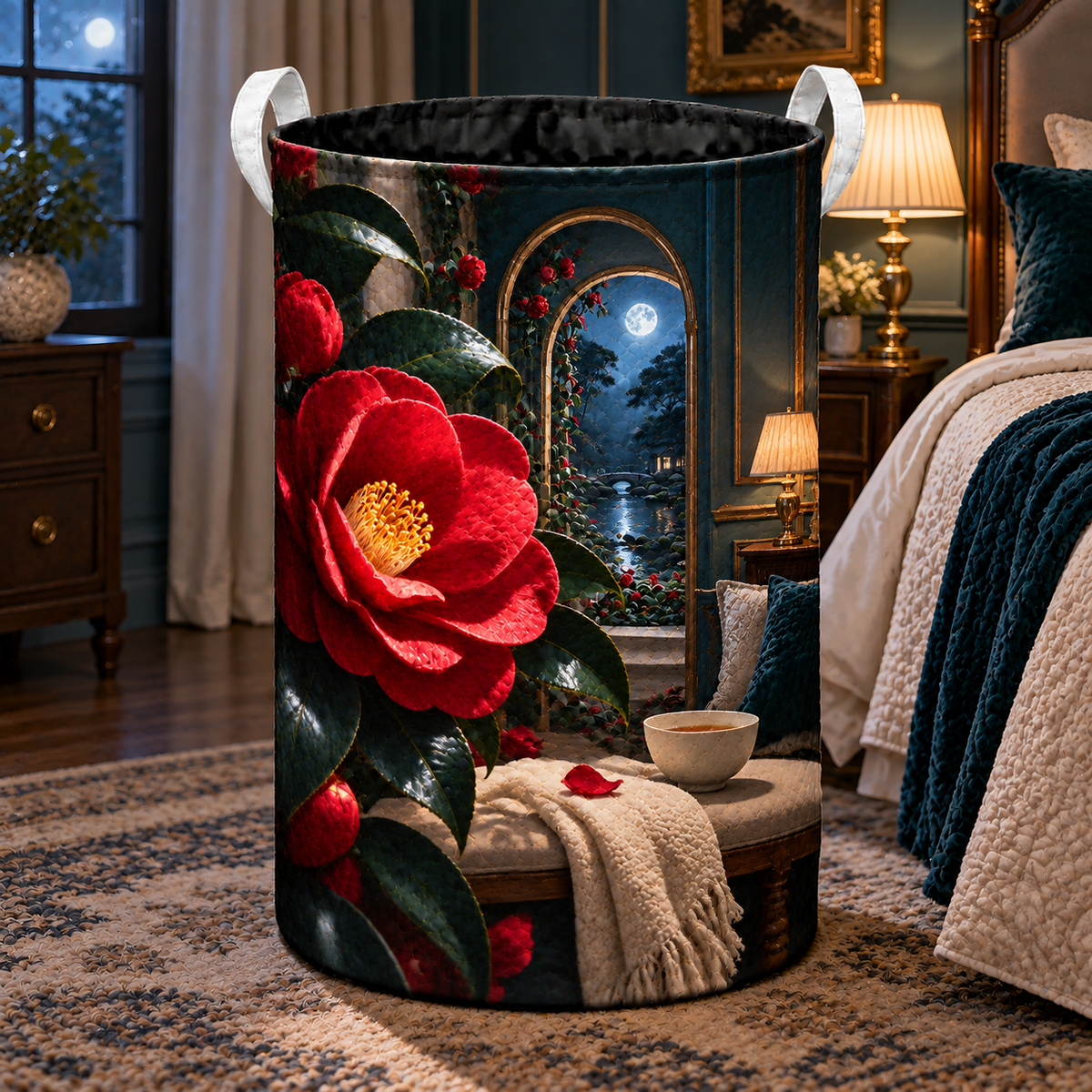 Camellia Moonlit Bedroom Laundry Hamper with printed optical 3D artwork in its use setting
