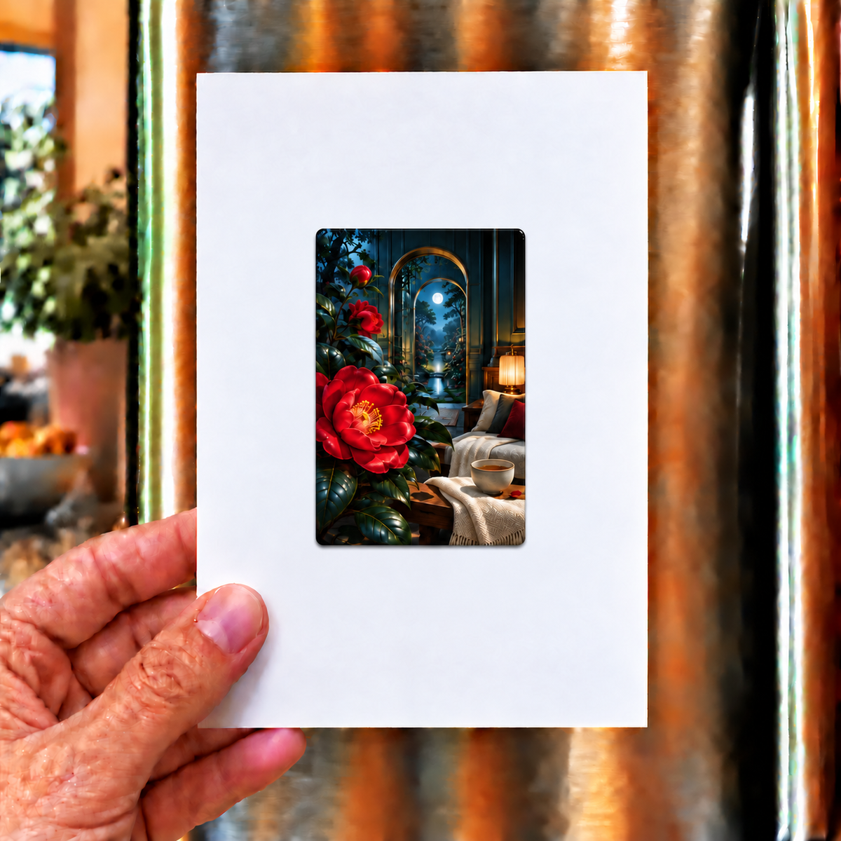 Camellia Moonlit Bedroom Acrylic Refrigerator Magnet with printed optical 3D artwork in its use setting