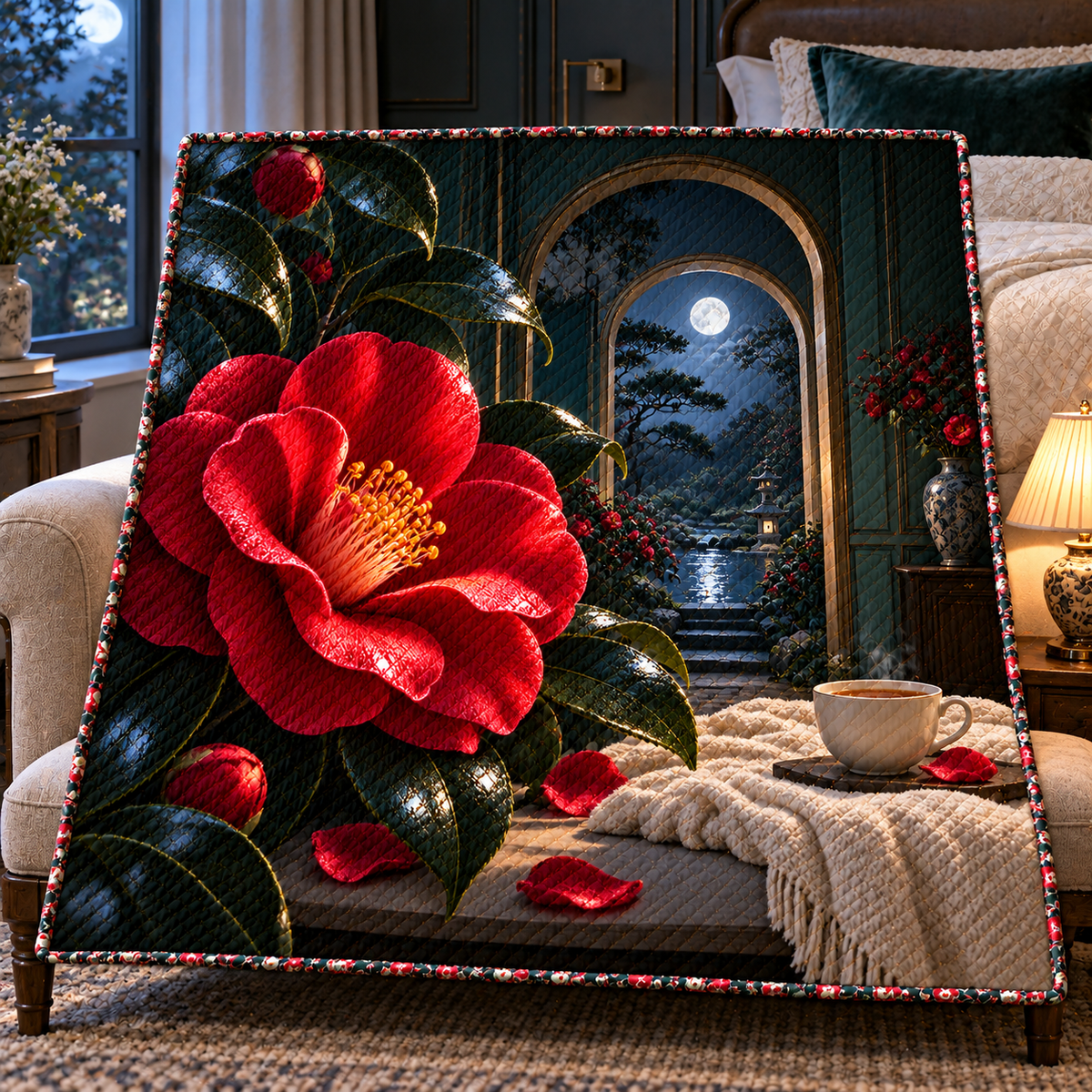Camellia Moonlit Bedroom Quilt Blanket with printed optical 3D artwork in its use setting
