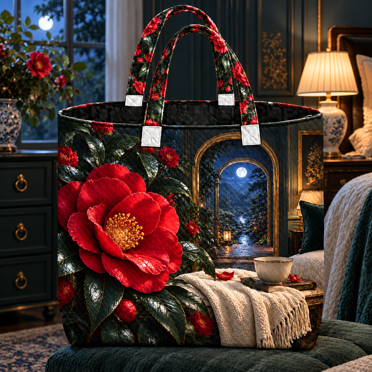 Camellia Moonlit Bedroom Quilted Tote Bag with printed optical 3D artwork in its use setting
