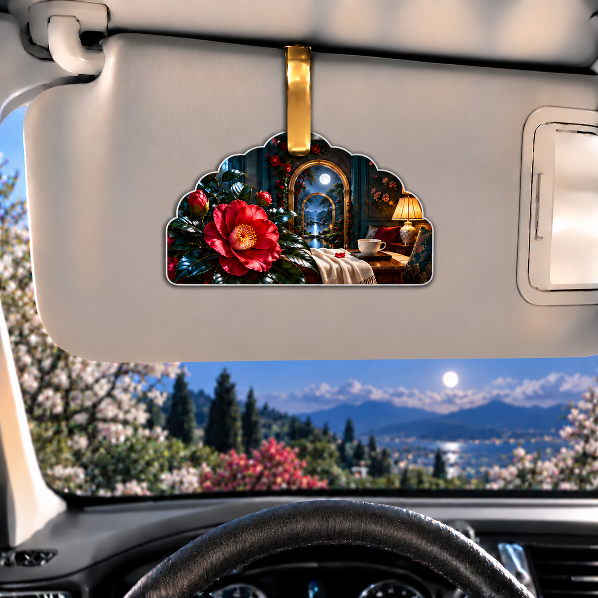 Camellia Moonlit Bedroom Holographic Car Visor Clip with printed optical 3D artwork in its use setting