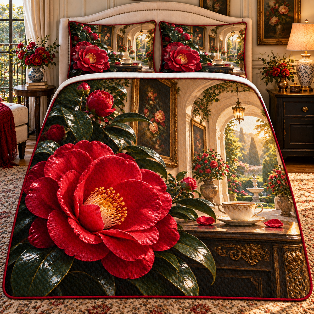 Camellia Gallery Parlor Quilted Bedding Set with printed optical 3D artwork in its use setting