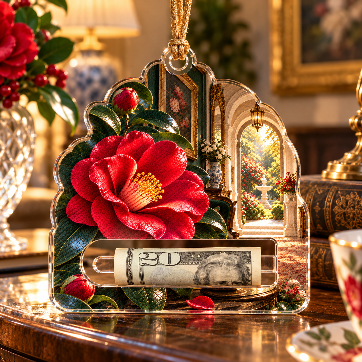 Camellia Gallery Parlor Acrylic Cash Holder Ornament with printed optical 3D artwork in its use setting