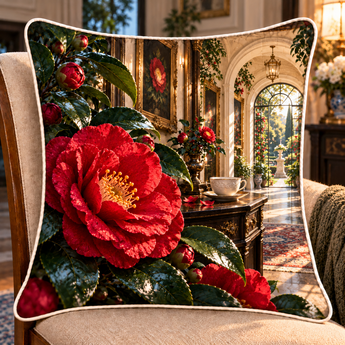 Camellia Gallery Parlor Quilted Cushion Cover with printed optical 3D artwork in its use setting