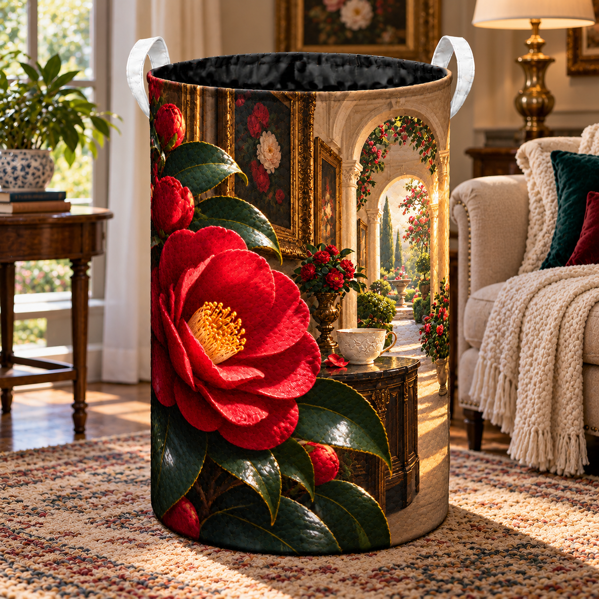 Camellia Gallery Parlor Laundry Hamper with printed optical 3D artwork in its use setting