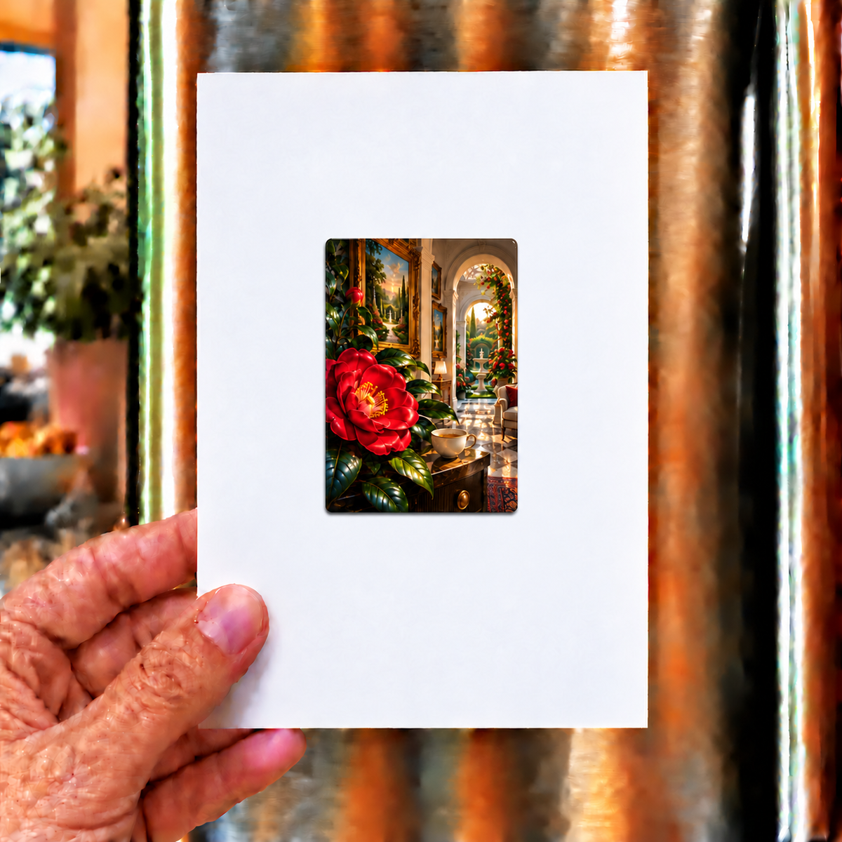 Camellia Gallery Parlor Acrylic Refrigerator Magnet with printed optical 3D artwork in its use setting