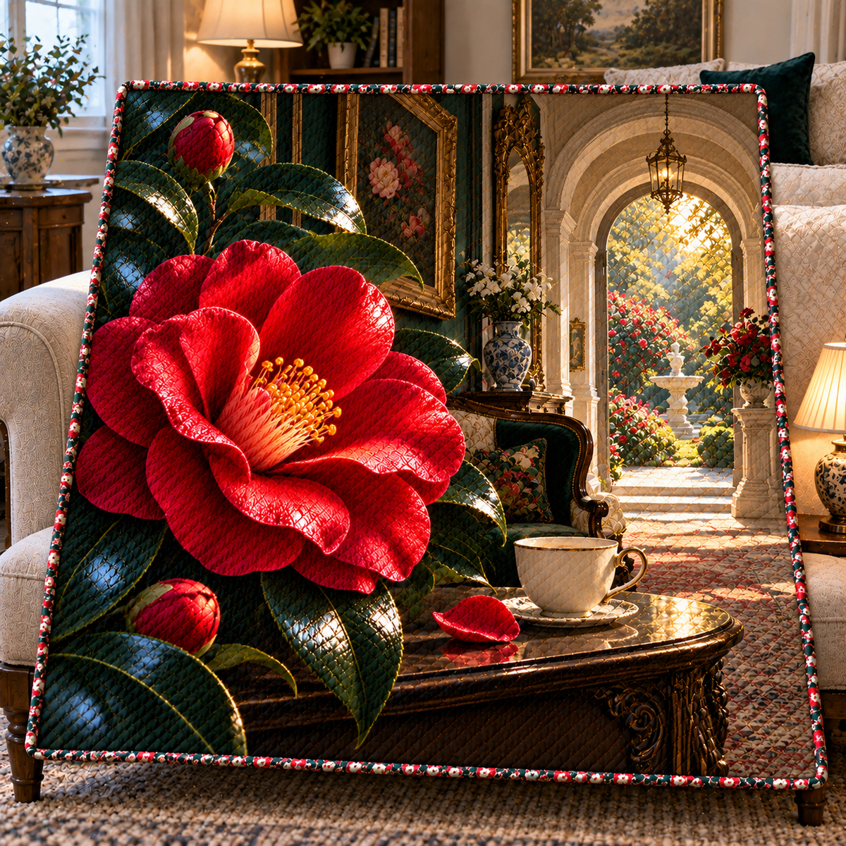 Camellia Gallery Parlor Quilt Blanket with printed optical 3D artwork in its use setting