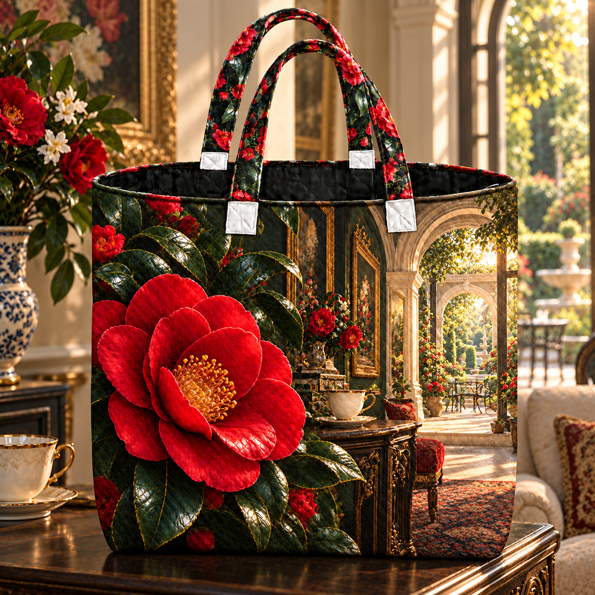 Camellia Gallery Parlor Quilted Tote Bag with printed optical 3D artwork in its use setting