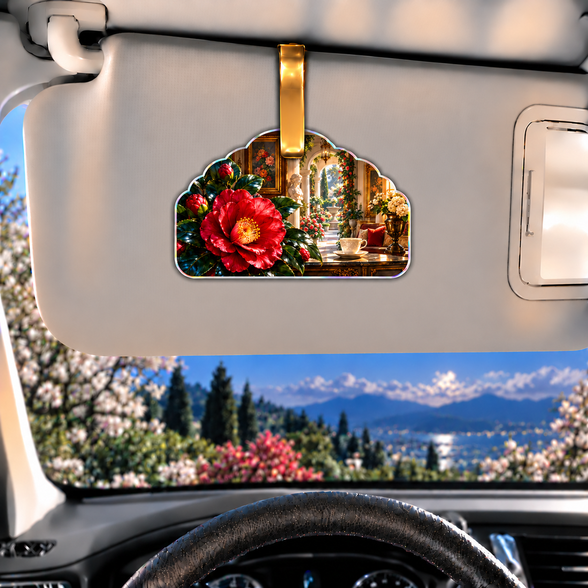 Camellia Gallery Parlor Holographic Car Visor Clip with printed optical 3D artwork in its use setting