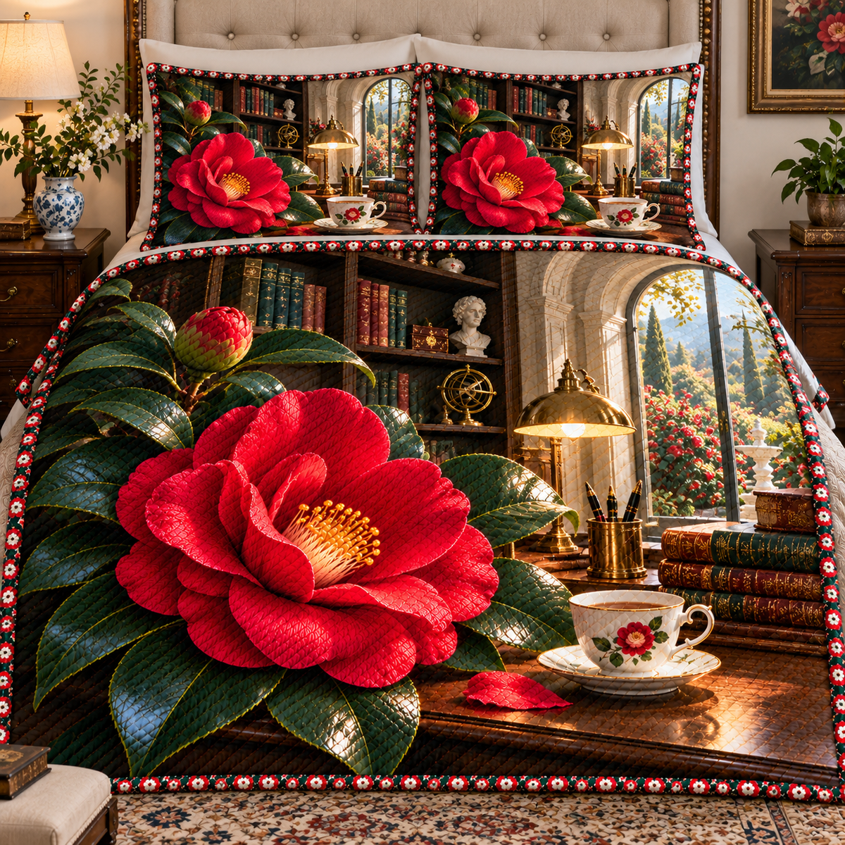 Camellia Scholar Study Quilted Bedding Set with printed optical 3D artwork in its use setting