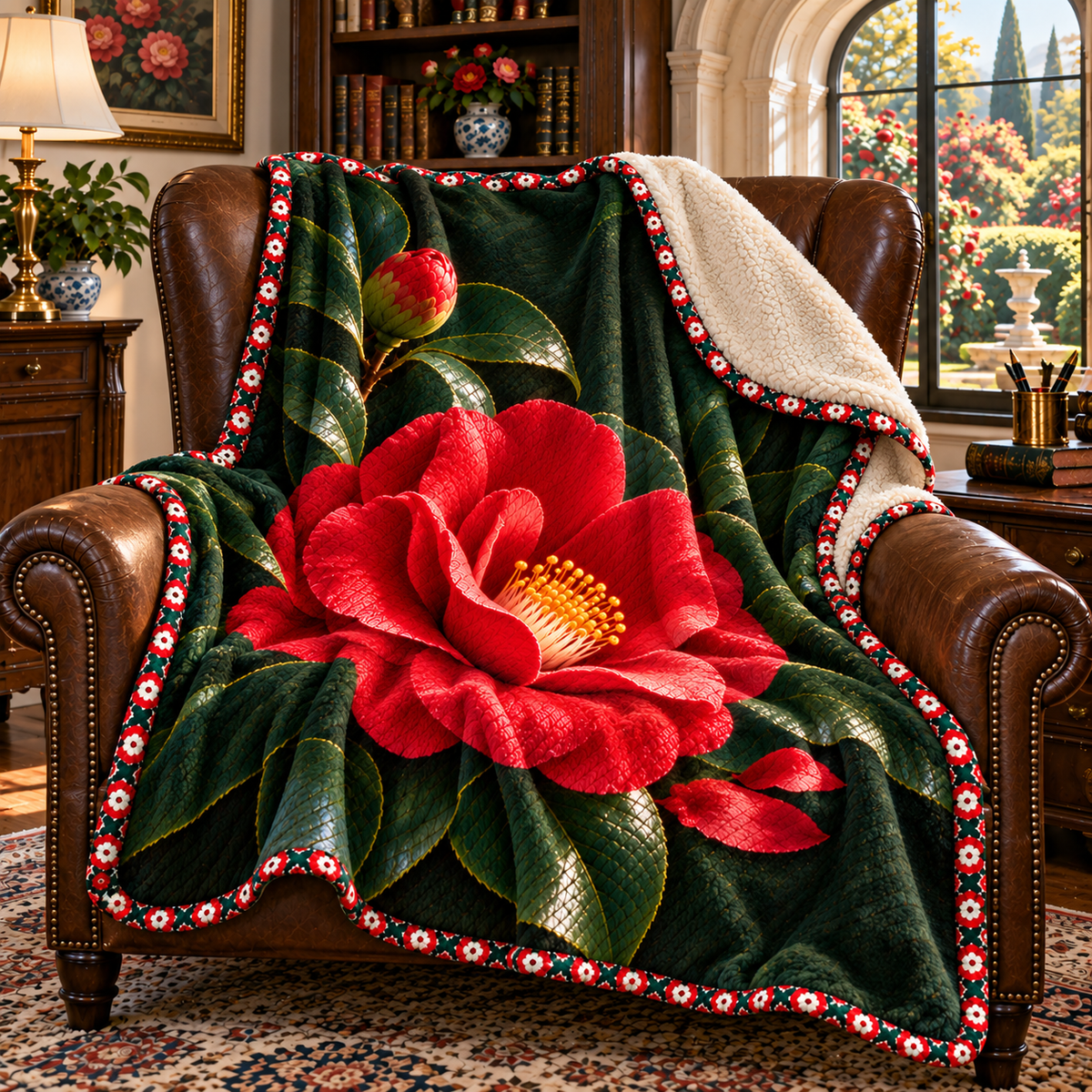 Camellia Scholar Study Sherpa & Fleece Blanket with printed optical 3D artwork in its use setting
