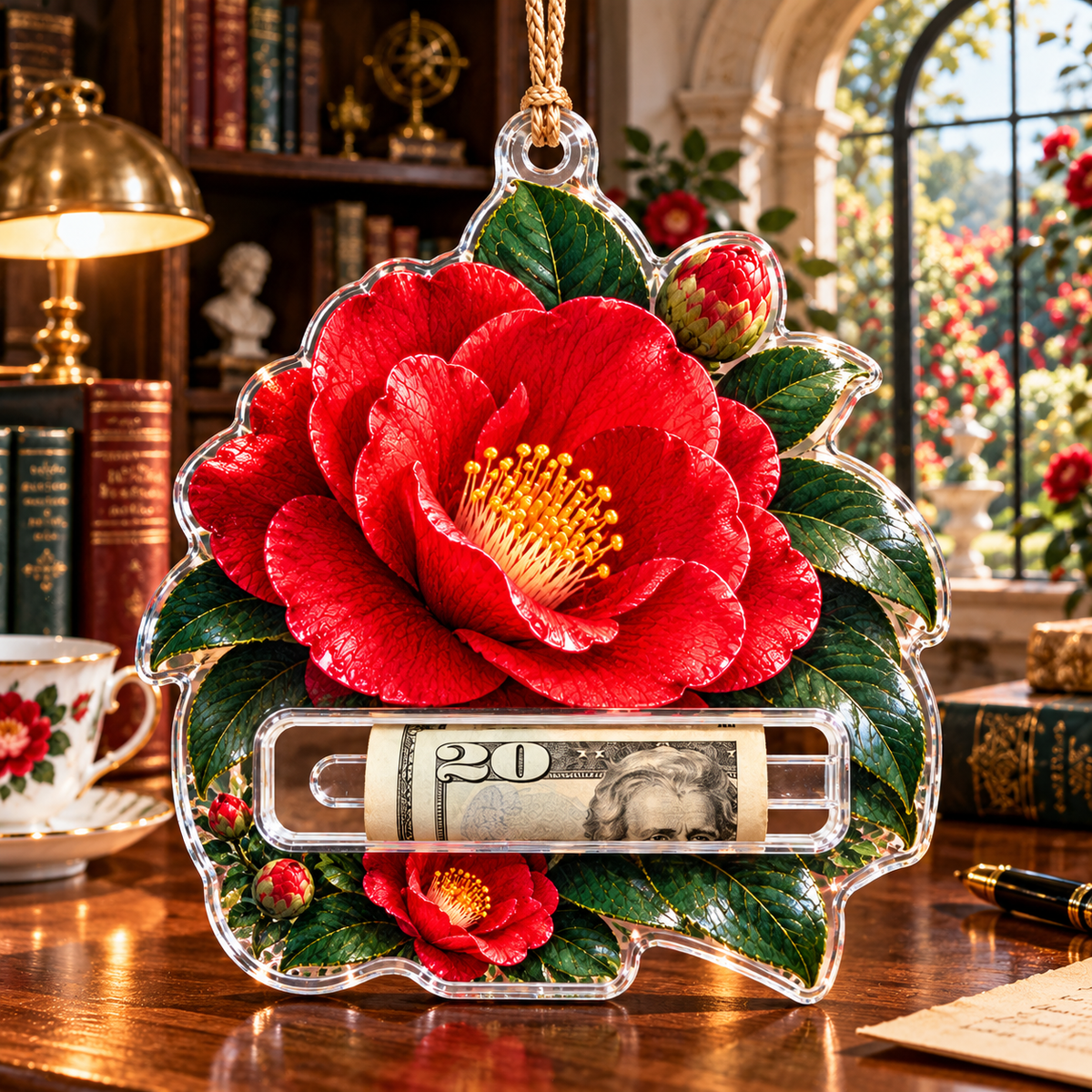 Camellia Scholar Study Acrylic Cash Holder Ornament with printed optical 3D artwork in its use setting