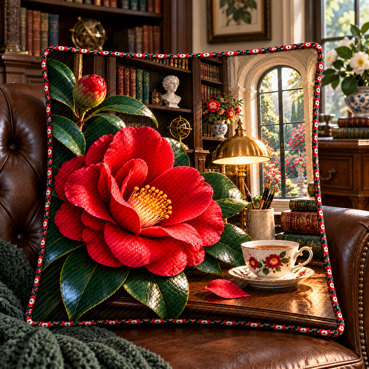 Camellia Scholar Study Quilted Cushion Cover with printed optical 3D artwork in its use setting