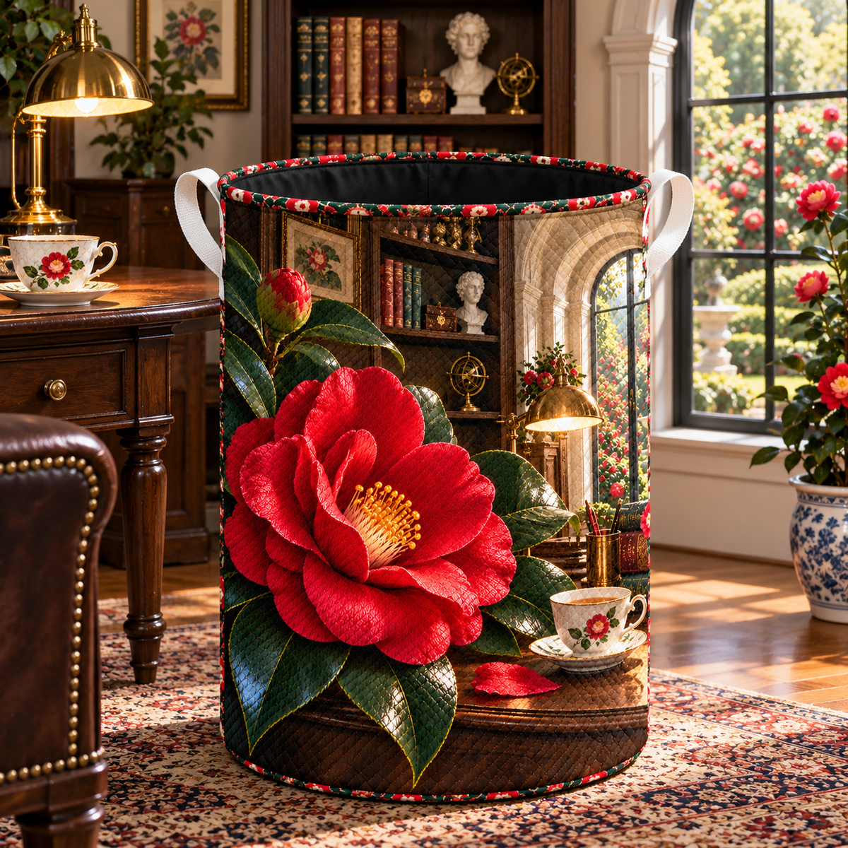 Camellia Scholar Study Laundry Hamper with printed optical 3D artwork in its use setting