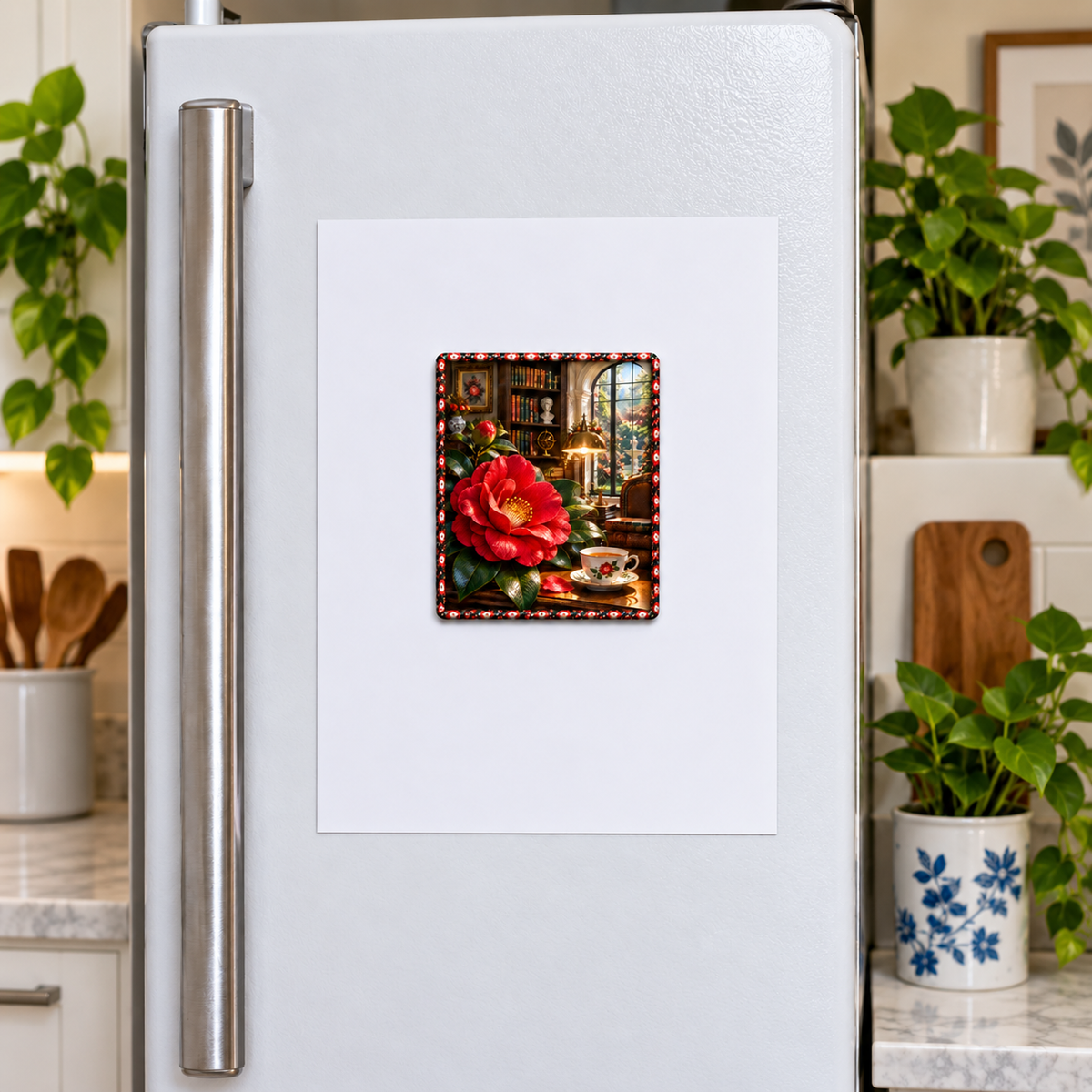 Camellia Scholar Study Acrylic Refrigerator Magnet, thin square product photo with small magnet on blank postcard