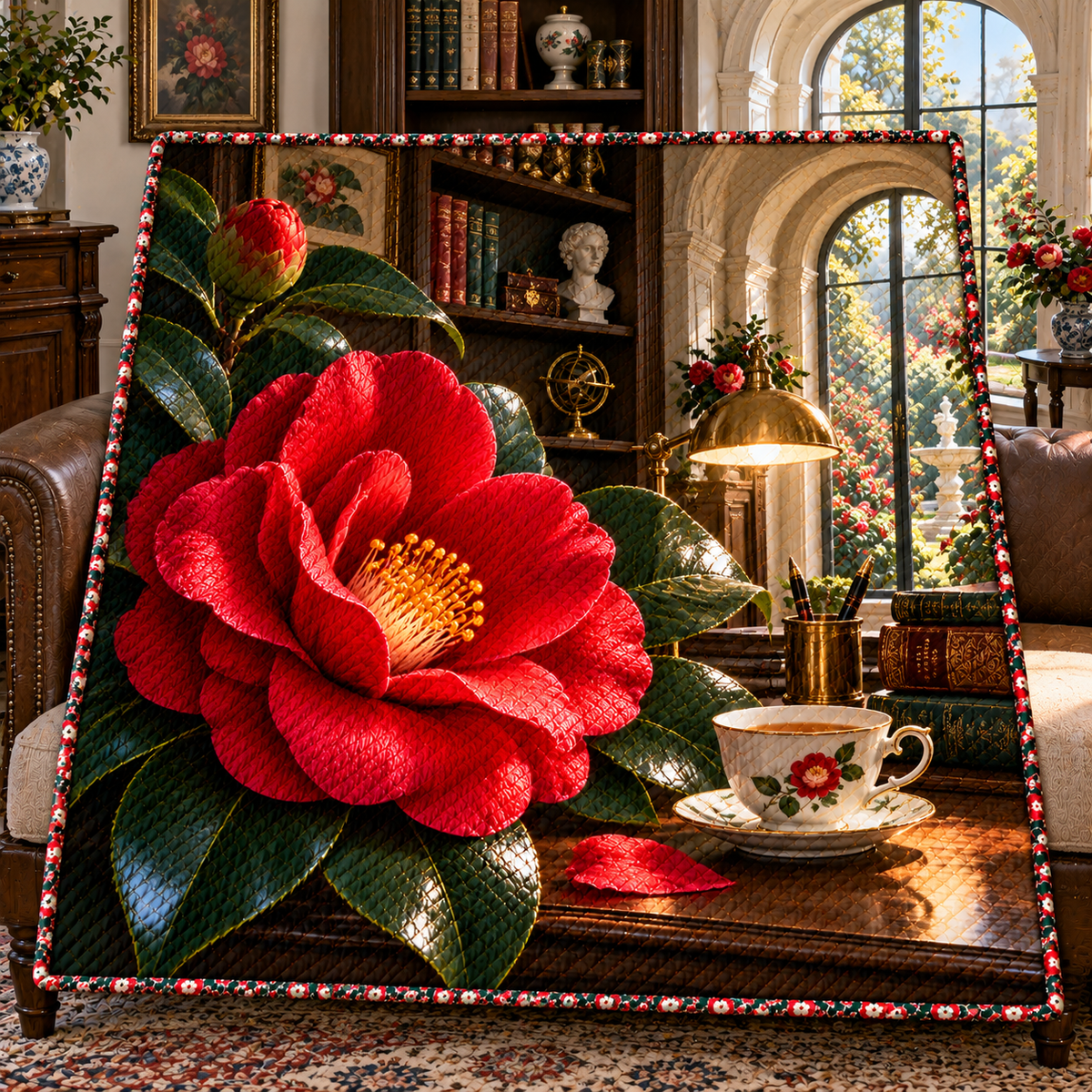 Camellia Scholar Study Quilt Blanket with printed optical 3D artwork in its use setting