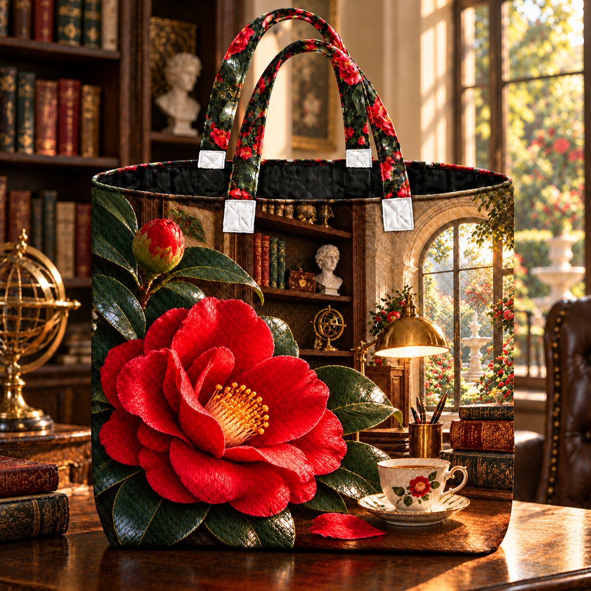 Camellia Scholar Study Quilted Tote Bag with printed optical 3D artwork in its use setting
