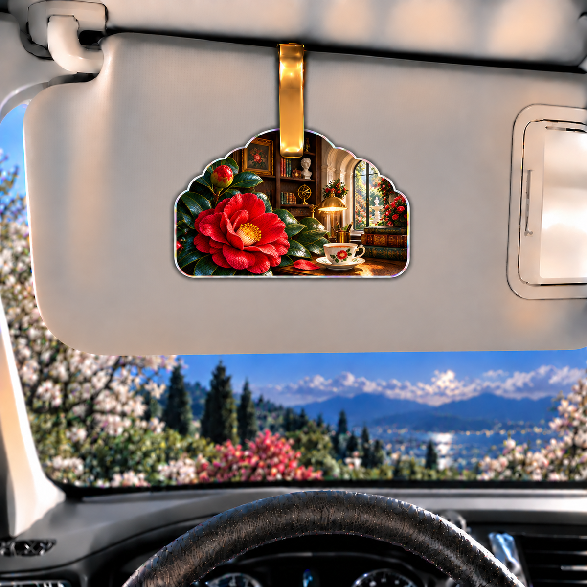 Camellia Scholar Study Holographic Car Visor Clip with printed optical 3D artwork in its use setting