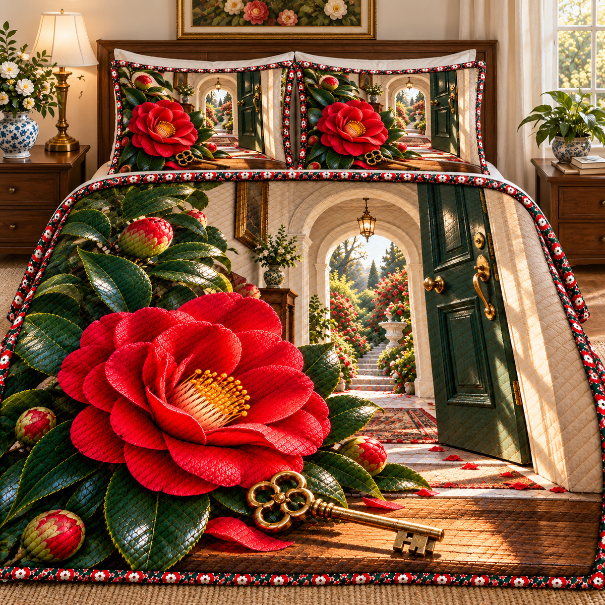 Camellia New Home Garden Quilted Bedding Set with printed optical 3D artwork in its use setting