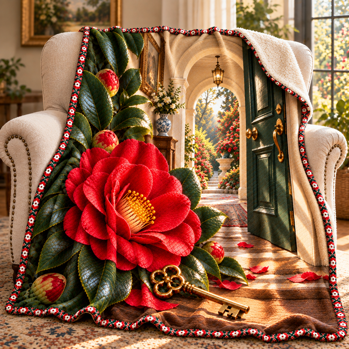 Camellia New Home Garden Sherpa & Fleece Blanket with printed optical 3D artwork in its use setting