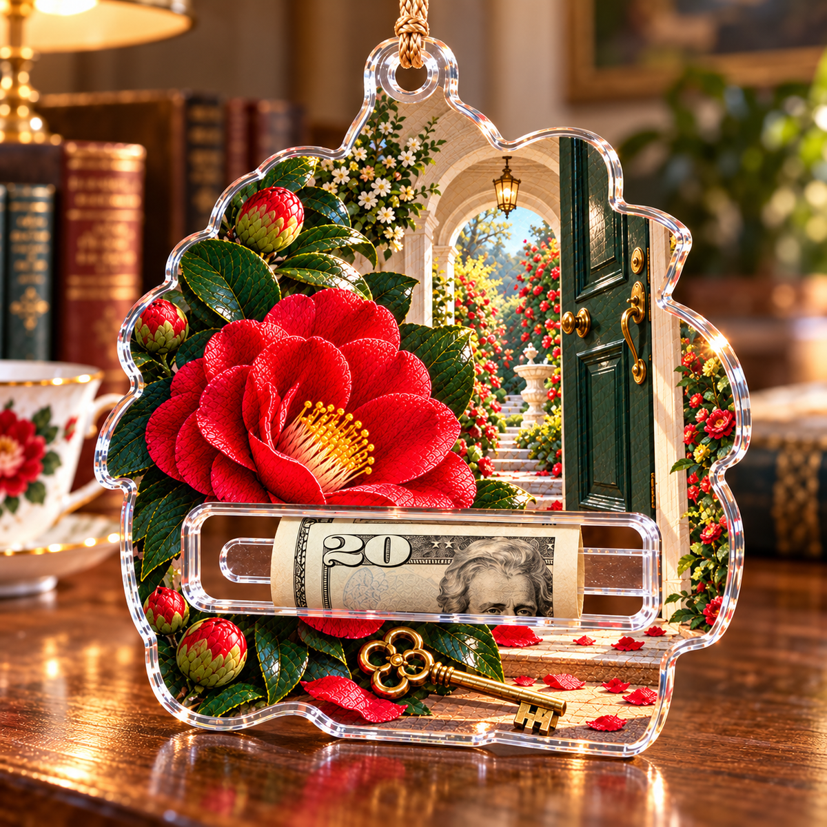 Camellia New Home Garden Acrylic Cash Holder Ornament with printed optical 3D artwork in its use setting