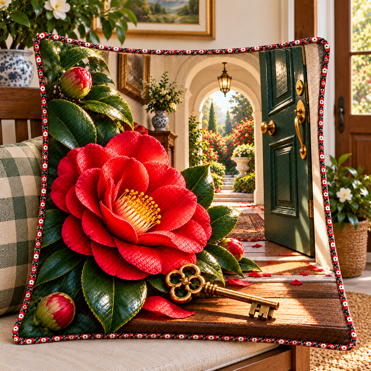 Camellia New Home Garden Quilted Cushion Cover with printed optical 3D artwork in its use setting