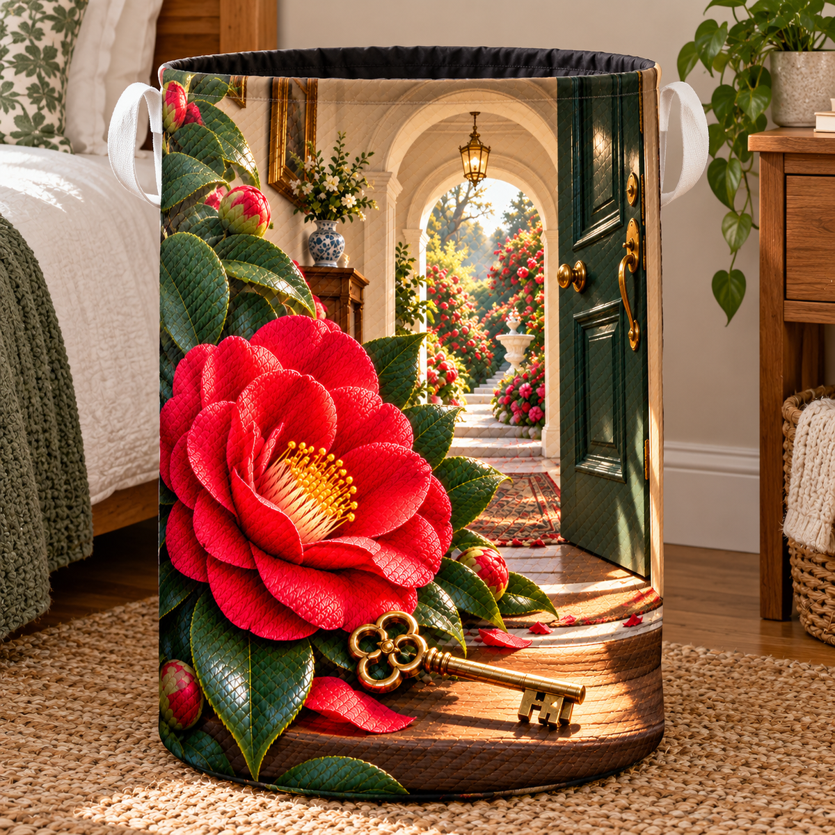 Camellia New Home Garden Laundry Hamper with printed optical 3D artwork in its use setting