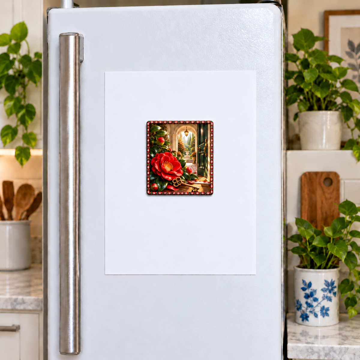 Camellia New Home Garden Acrylic Refrigerator Magnet with printed optical 3D artwork in its use setting