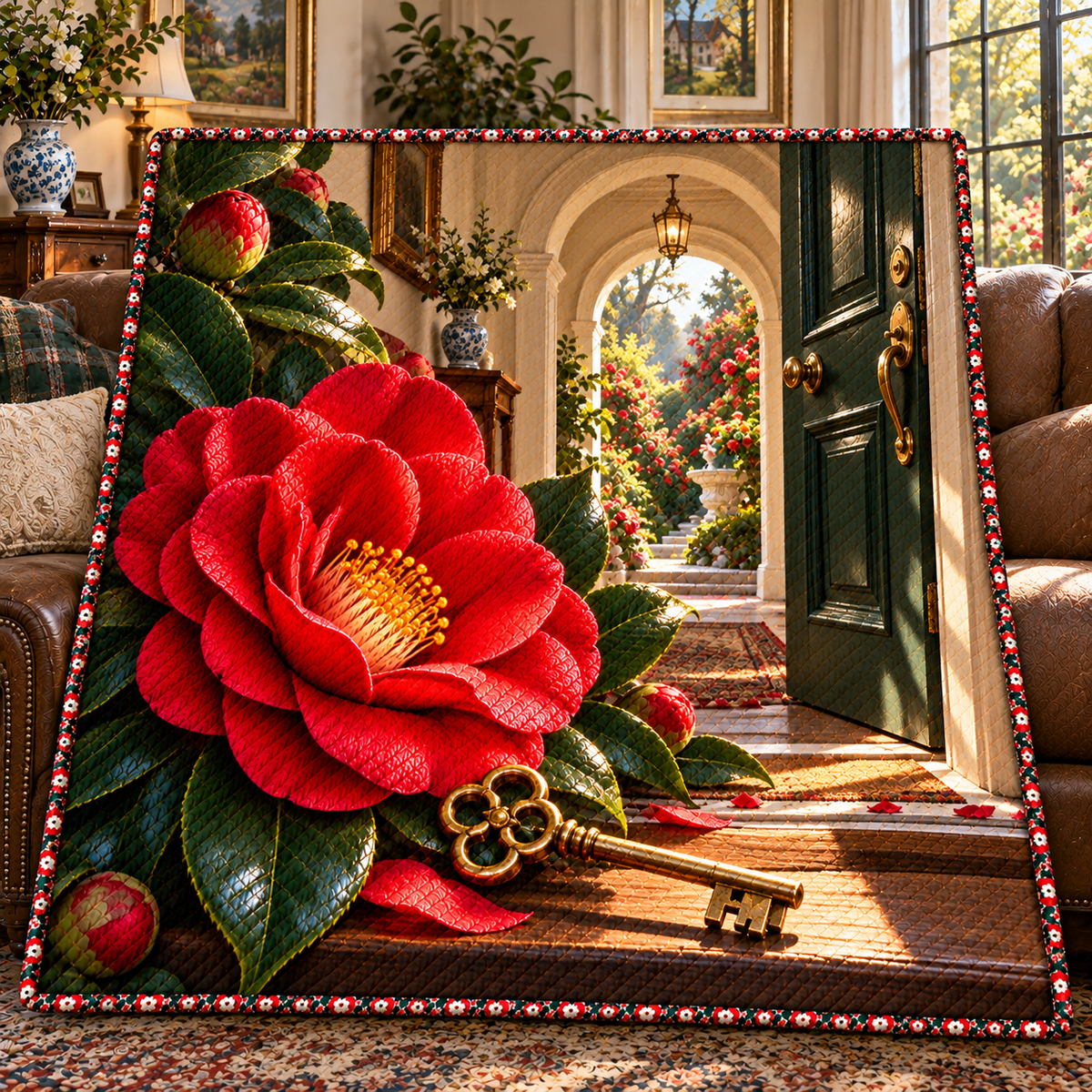 Camellia New Home Garden Quilt Blanket with printed optical 3D artwork in its use setting